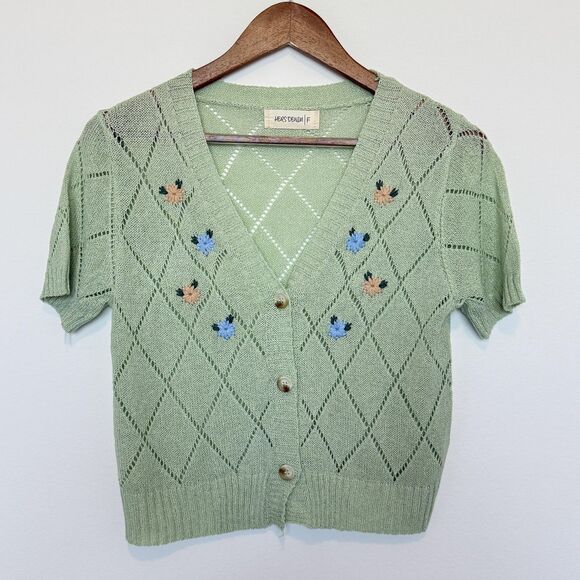 Hers Denim Sweaters - Hers Denim Sweater Womens Small Short Sleeve Knit Cropped Floral Cardigan Top